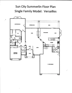 Explore the Versailles floorplan in Sun City Summerlin featuring 1,699-1,713 sq ft, 2 bedrooms, 2 bathrooms, Nevada room, and 2-car garage.