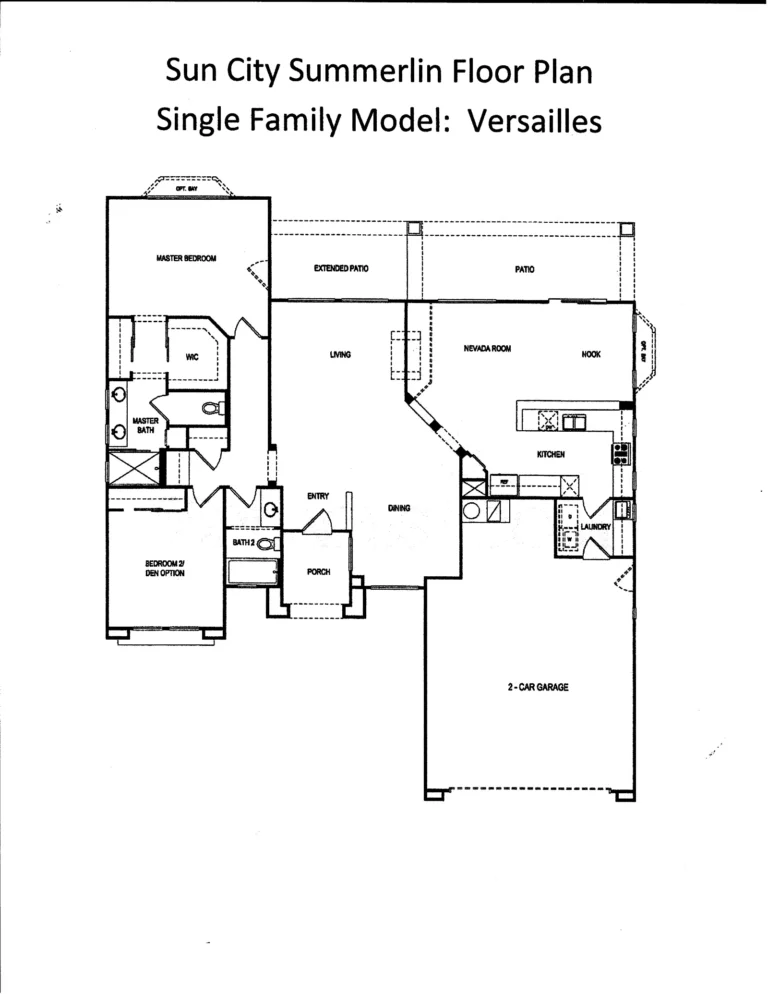 Explore the Versailles floorplan in Sun City Summerlin featuring 1,699-1,713 sq ft, 2 bedrooms, 2 bathrooms, Nevada room, and 2-car garage.
