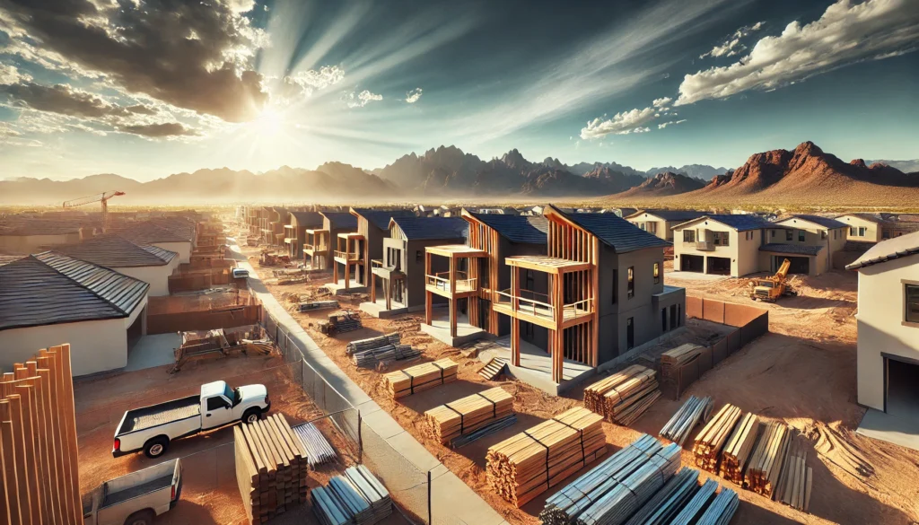 Residential construction site in Las Vegas showing homes, steel, and lumber with desert mountains in background — illustrating the impact of tariffs