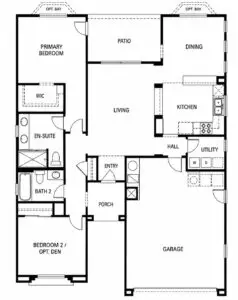 Explore the Bristol floorplan in Sun City Summerlin featuring 1,187-1,215 sq ft, 2 bedrooms, 2 bathrooms, covered patio, and 2-car garage.
